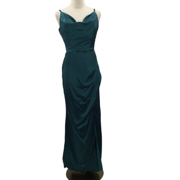 FORMAL PARTY SZ 8 M teal green satin cowl ruched prom maxi gown dress NEW B44 - Picture 1 of 9